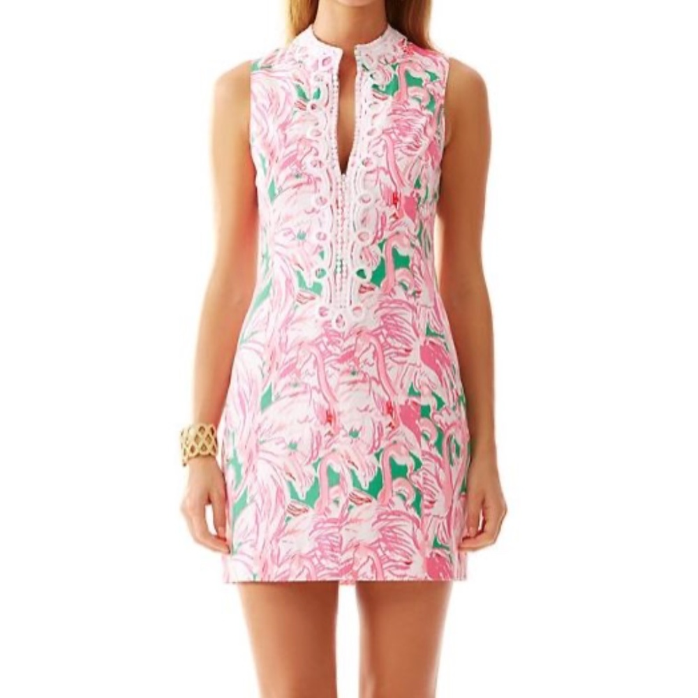 Lilly Pulitzer Alexa High Collar Shift Dress, 0, Pink Colony Flamingo